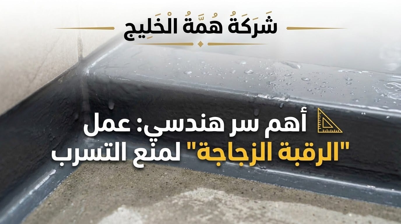 تفصيلة هندسية توضح عمل الرقبة الزجاجة (Fillet) في زاوية الحمام قبل العزل