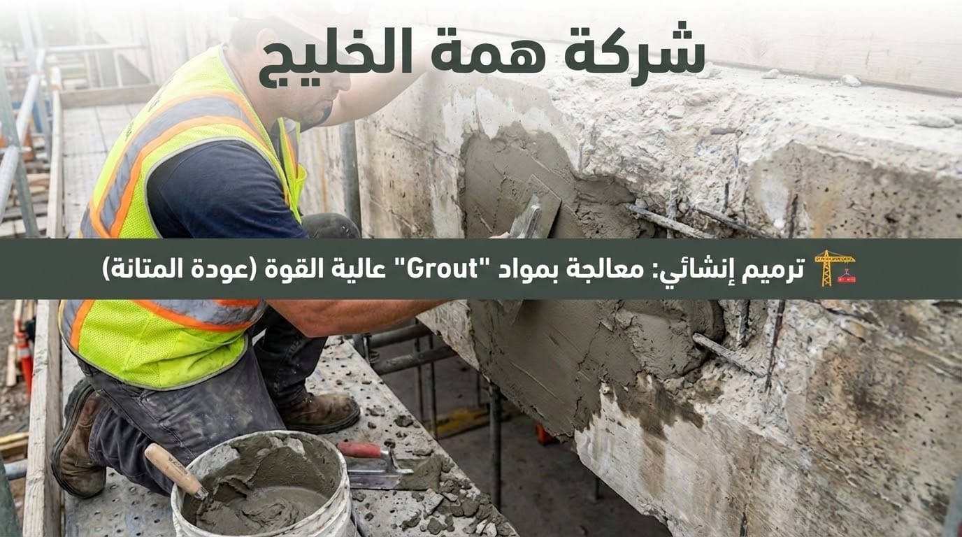 عامل بناء يقوم بملء تعشيش الخرسانة بمادة الجراوت، وعليها نص: ترميم إنشائي: معالجة بمواد Grout عالية القوة (عودة المتانة) - ترميم منازل بالرياض