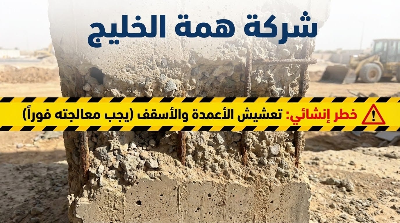 صورة توضح تعشيش في عمود خرساني مع ظهور حديد التسليح، وعليها نص تحذيري: خطر إنشائي: تعشيش الأعمدة والأسقف (يجب معالجته فوراً) - شركة معالجة تعشيش الخرسانة بالرياض.