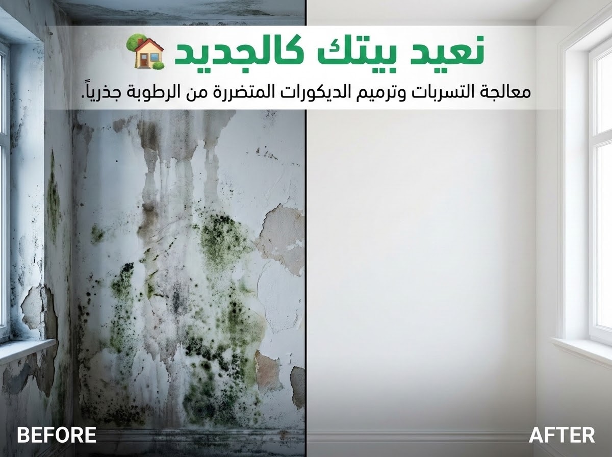 معالجة الرطوبة وترميم الجدران بعد كشف التسربات - همة الخليج قبل وبعد معالجة تسربات المياه وترميم الجدران المتضررة من الرطوبة بالرياض