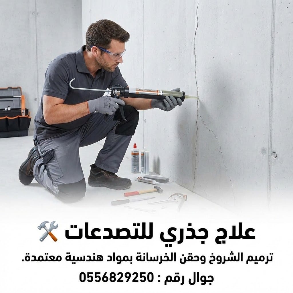 فني مقاولات يعالج التشققات والشروخ الجدارية والخرسانية في فيلا بحي حطين بالرياض باستخدام مواد الإيبوكسي