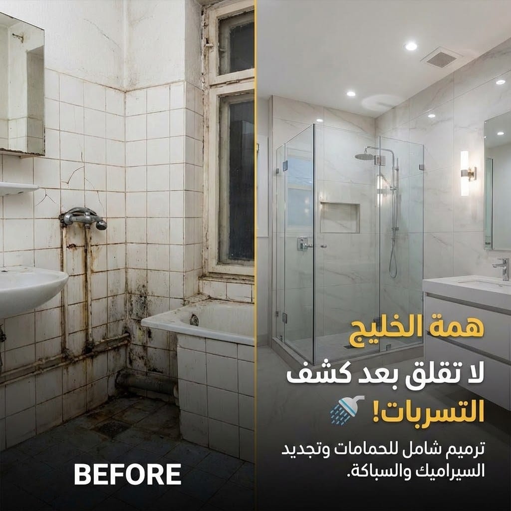 تجديد حمامات بالكامل وتغيير السيراميك والسباكة في فيلا بحي حطين بعد معالجة تسربات المياه