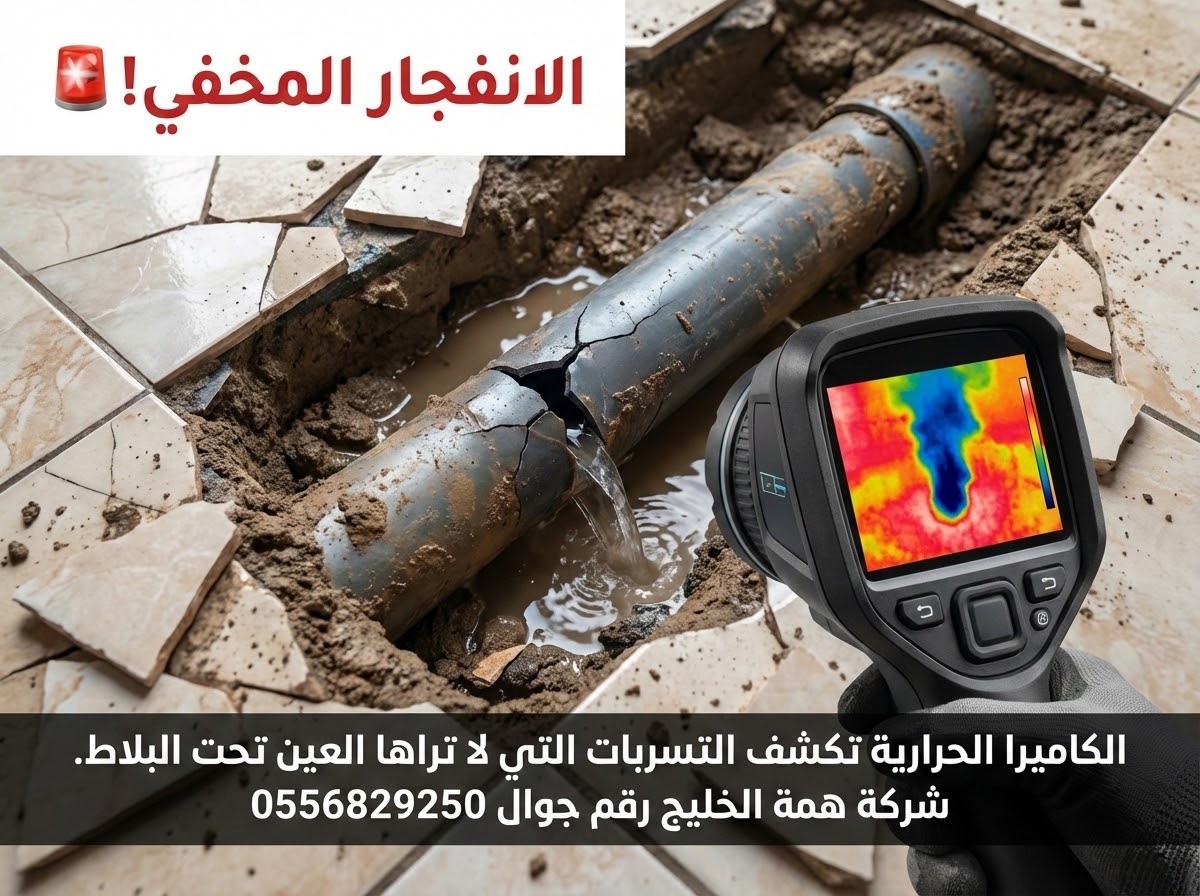 كشف تسربات المياه المخفية بالكاميرا الحرارية بالرياض - همة الخليج انفجار مواسير المياه المخفية تحت البلاط بسبب التمدد الحراري واستخدام الكاميرا الحرارية لكشفها
