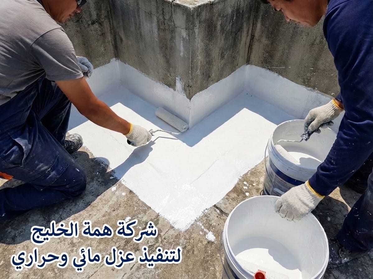 فني همة الخليج أثناء تطبيق طبقات العزل المائي والحراري على سطح فيلا بحي الياسمين