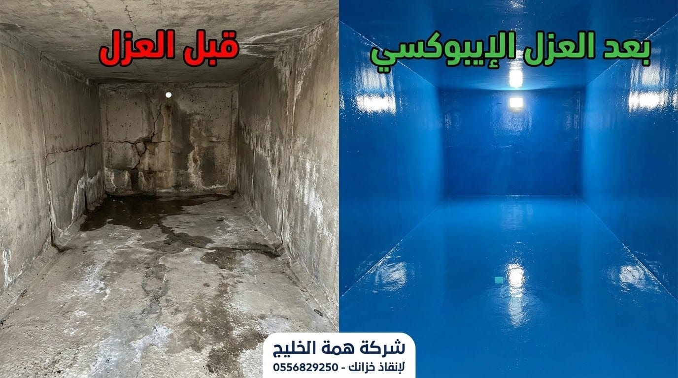 مقارنة قبل وبعد عزل الخزان الأرضي ومعالجة التشققات بمادة الإيبوكسي من شركة همة الخليج