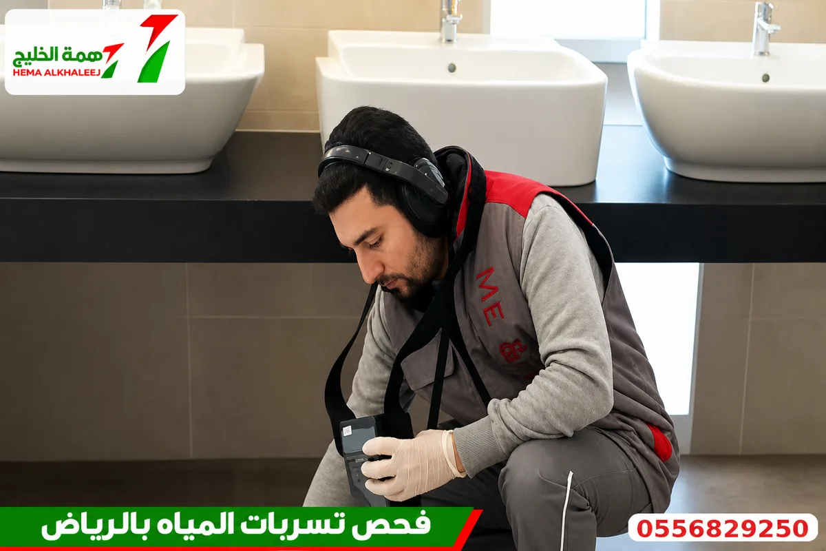 فني همة الخليج يفحص تسربات المياه في حمام بالرياض باستخدام جهاز كشف إلكتروني