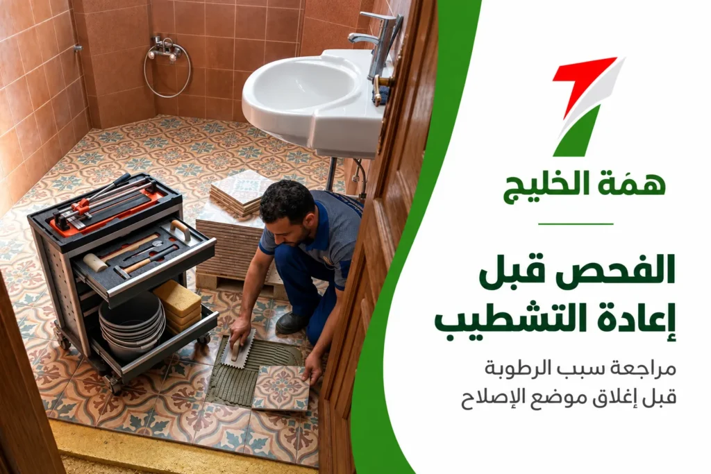تصميم توضيحي لإعادة التشطيب بعد مراجعة موضع الإصلاح مع شعار همة الخليج