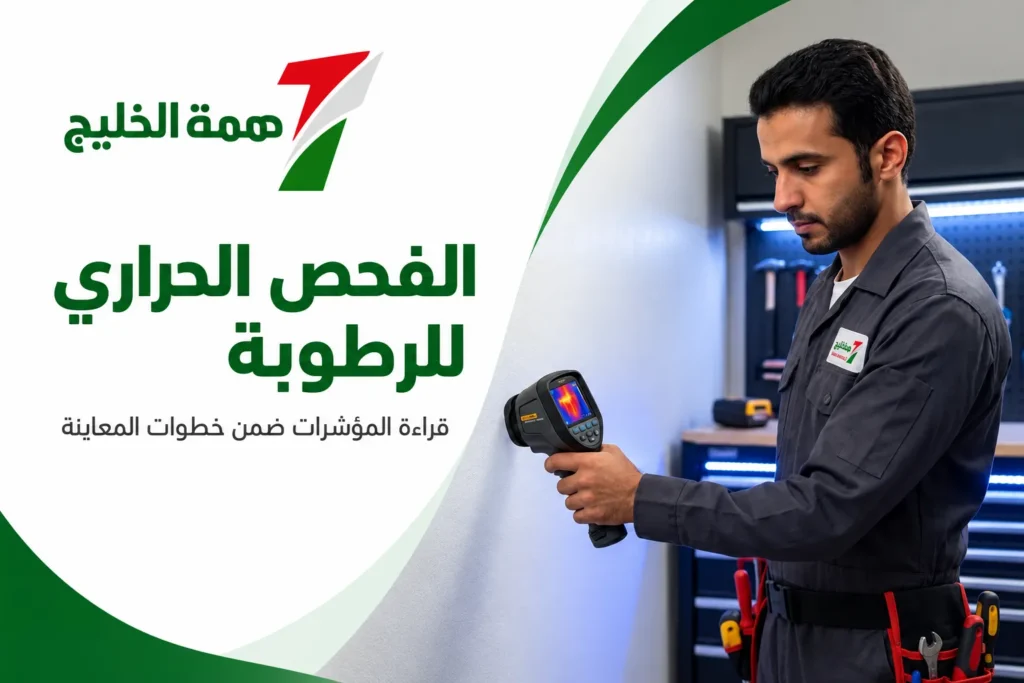 تصميم توضيحي لاستخدام كاميرا حرارية ضمن معاينة الرطوبة مع شعار همة الخليج