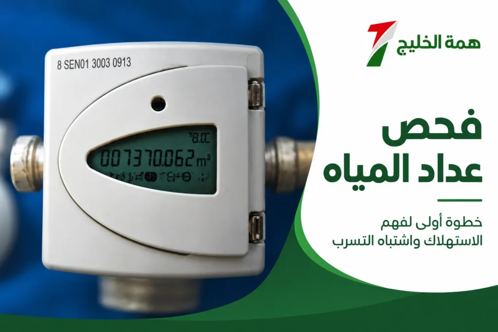 تصميم توضيحي لقراءة عداد المياه مع شعار همة الخليج